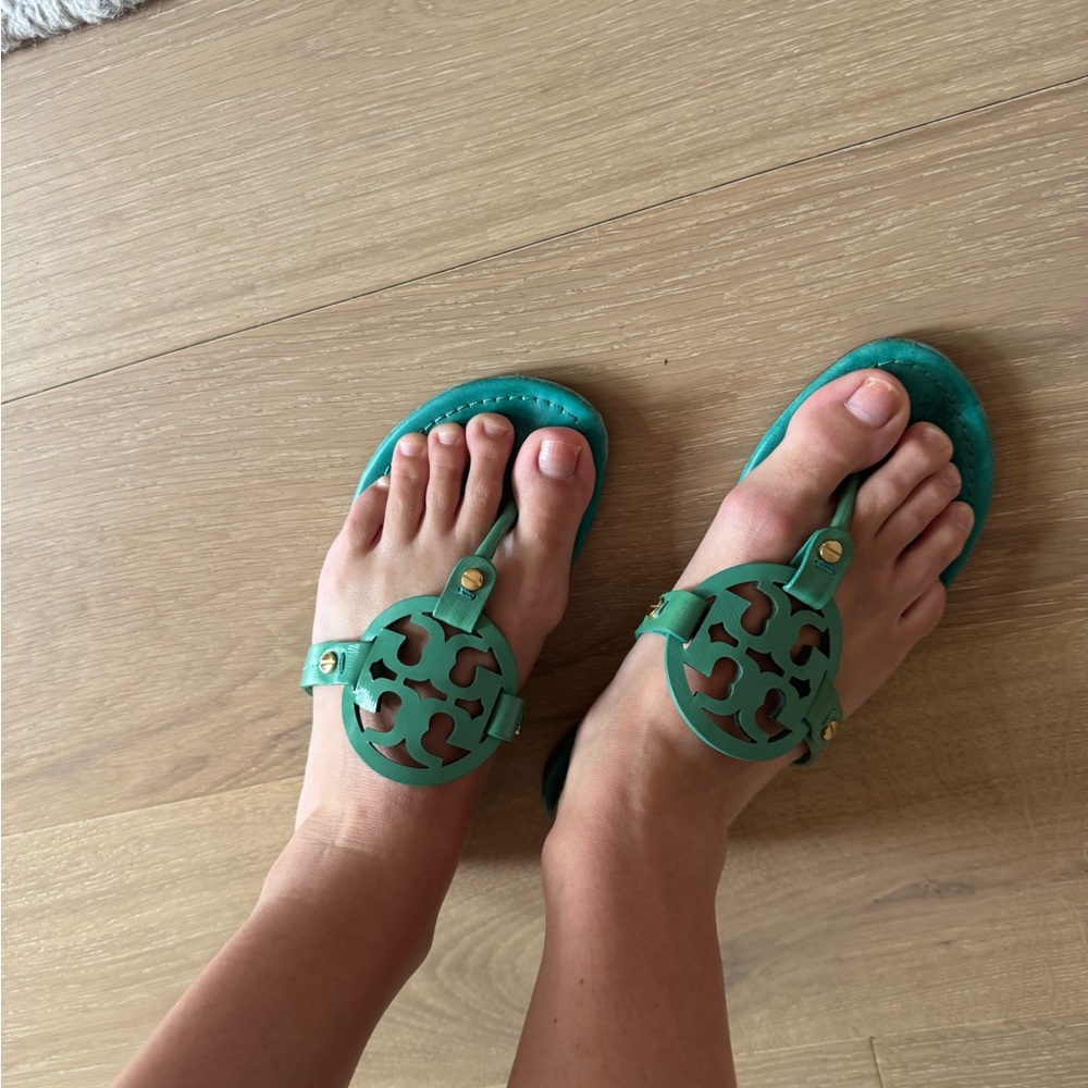 Tory Burch Teal Cutout Logo Thong Sandals with Gold Studs - Picture 3 of 3